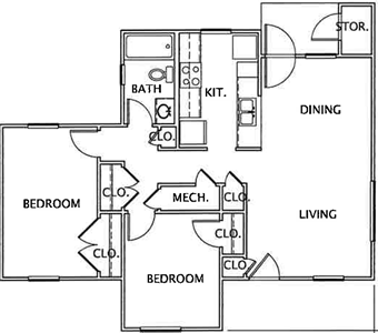 B1- Two Bedroom / One Bath - 819 Sq.Ft.*