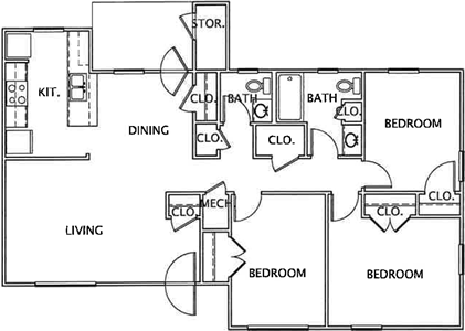 C1-Three Bedroom / Two Bath - 1115 Sq.Ft.*