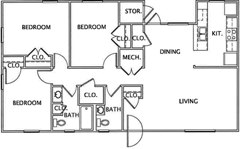 C2- Three Bedroom / Two Bath - 1134 Sq.Ft.*