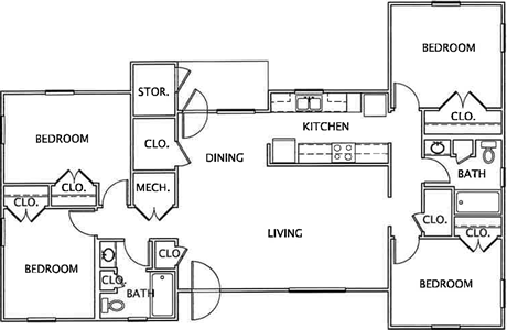 D1- Four Bedroom / Two Bath - 1340 Sq.Ft.*
