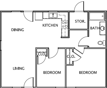 B-HC-Two Bedroom / One Bath - 775 Sq.Ft.*