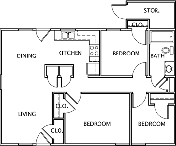 C-HC-Three Bedroom / One Bath - 882 Sq.Ft.*