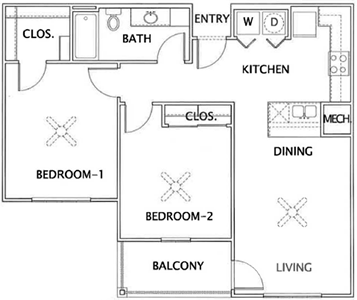 B- Two Bedroom / One Bath - 892 Sq.Ft.*