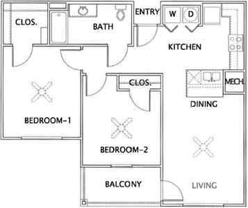 B-HC- Two Bedroom / One Bath - 892 Sq.Ft.*